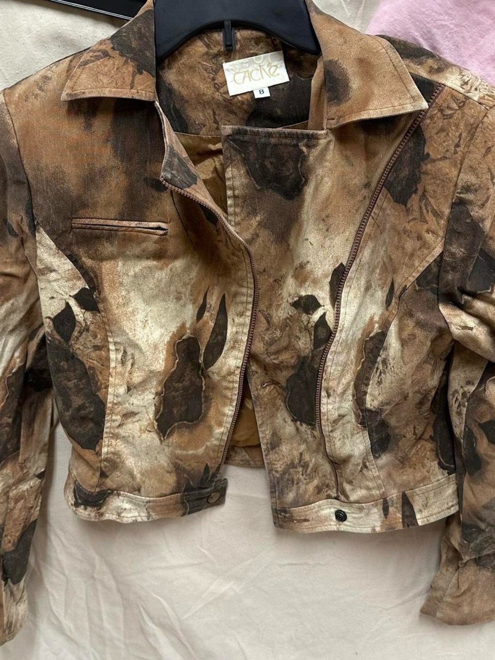 Brown multicolor cropped Jean jacket. Adult Size 8 or medium.